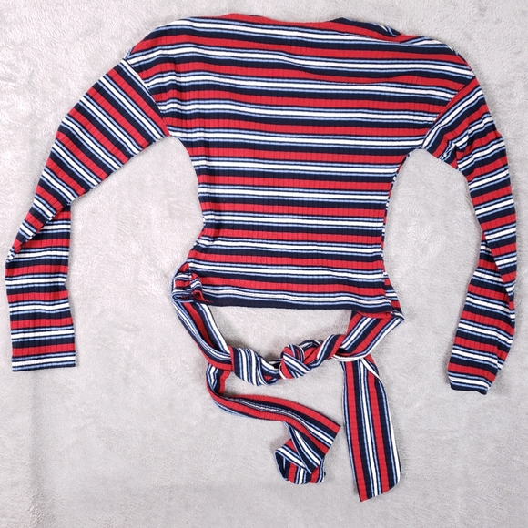 Free People Always With Me Faux Wrap Long Sleeve Tee S Red Blue White - Picture 6 of 9